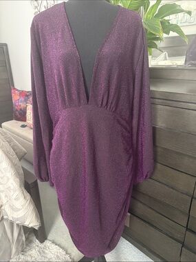 Plunge V-Neck Shimmer Long-Sleeve Dress in Deep Plum